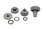 A set of grey plastic servo gears, two metal ball bearings, and a small washer on a white background.