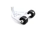 A white Traxxas Maxx 4S wheelie bar assembly with two black wheels, shown against a plain white background.
