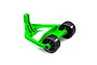 A bright green Traxxas Maxx 4S wheelie bar assembly with two black wheels, isolated on a white background.