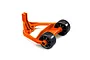 An orange Traxxas Maxx 4S wheelie bar assembly with two black wheels, isolated on a white background.