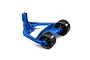 A blue Traxxas Maxx 4S wheelie bar assembly with two black wheels, shown against a plain white background.