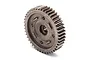 A grey steel spur gear for an RC car, featuring a central hub with mounting holes and precision-cut teeth.