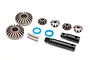 Traxxas steel centre differential output and bevel gear set including various metal gears, shafts, and blue O-rings on a white background.