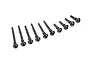 A set of nine black metal suspension screw pins for Traxxas RC vehicles, arranged in a line on a white background.