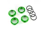Four green anodized aluminium shock adjusting nuts and four black rubber O-rings for Traxxas RC vehicles.