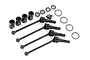A set of four black steel CV drive shafts for Traxxas Maxx 4S, including wheel hubs, bearings, and mounting screws on a white background.