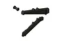 ARRMA chassis brace set including two black molded plastic braces and a small cylindrical spacer on a white background.