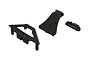 Three black plastic ARRMA front bumper support components arranged on a white background.