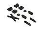 A set of black plastic RC wing mount components including brackets, spacers, and an X-shaped brace on a white background.