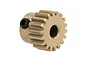A gold-coloured metal 18-tooth pinion gear with a black grub screw, isolated on a white background.