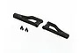Two black plastic RC suspension arms and two small C-clip spacers isolated on a plain white background.