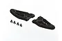 A pair of black ARRMA front lower suspension arms with four small C-clips on a white background.