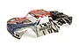 ARRMA 1/7 Mojave BLX short course truck body shell in silver, red, and blue livery with sponsor decals on a white background.