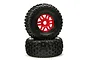 Two ARRMA dBoots Fortress short course RC tires mounted on red multi-spoke wheels, stacked against a white background.