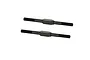 Two black metal turnbuckles with threaded ends and a central hexagonal adjustment section, isolated on a white background.