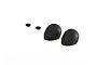 Two black RC driver helmets and two small black mounting washers on a white background.