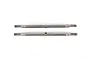 Two silver stainless steel RC turnbuckles with threaded ends and a small hole in the center, isolated on a white background.