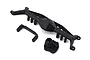 Black plastic Axial Currie F9 portal axle housing components including the main axle beam, a truss, and a gear cover.