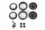 Axial 1.9 inch Raceline Monster beadlock wheel components including rims, rings, and hardware on a white background.