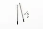 Two silver metal RC shock shafts and three small E-clips on a white background.
