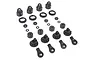 A collection of black plastic RC shock absorber parts including caps, collars, pistons, and rod ends arranged on a white background.