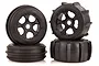 A set of four Rovan Baja 5B Sand Buster RC buggy wheels with black rims and beadlock detailing, featuring both front and rear tread patterns.