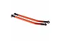 Two orange anodized aluminum curved RC suspension linkages with black plastic rod ends on a white background.