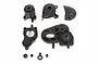 A set of black plastic Axial Dig transmission case components arranged on a white background.
