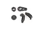 A set of black plastic RC transmission mount and servo saver components including a spring, washer, and two molded plastic arms on a white background.