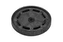 A black plastic spur gear for an RC vehicle, featuring a central hole and raised reinforcement ribs on the face.