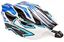 A pre-painted Rovan V5 RC buggy body shell featuring a blue, white, and black geometric graphic design, shown against a white background.