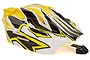 Rovan V5 RC buggy body shell painted with a yellow, white, and black geometric graphic design, shown from a high angle against a white background.