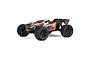 Studio shot of an ARRMA Kraton 8S BLX RC Truggy in orange and black, viewed from a front three-quarter angle against a white background.