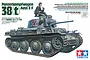 Box art for Tamiya 1/35 scale German Panzerkampfwagen 38(t) Ausf. E/F plastic model kit showing a detailed illustration of the tank and a commander figure.