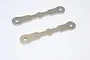 Two flat, silver-coloured metal suspension arm pin braces for an RC car, shown against a plain white background.