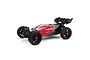 ARRMA Typhon 4x4 3S BLX RC buggy in red, white, and black livery, viewed from a three-quarter angle against a white background.