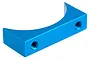 A blue anodized aluminium rear motor support bracket for an RC car, featuring a curved inner edge and two threaded mounting holes.