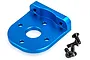 A blue anodized aluminium motor mount for an RC car, accompanied by four small black screws on a white background.