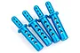 Four bright blue anodized aluminium RC car body posts arranged diagonally on a white background.
