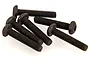 A small pile of six black metal button head screws with fine threading, isolated on a white background.
