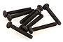 A cluster of eight black metal button head screws with fine threading, arranged on a white background.