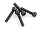 Four black metal cap head screws with fine threading arranged on a white background.