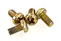 A close-up view of four gold-colored metal button head screws with a cross-head drive, arranged on a white background.