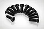 A set of twelve black metal countersunk screws arranged in a semi-circle on a white background.