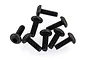 A cluster of eight black metal button head screws with hexagonal sockets, shown against a white background.