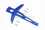 A blue anodized aluminium front chassis brace for an RC car, accompanied by four small silver metal screws, set against a plain white background.