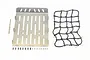 GPM Racing stainless steel tray cover for TRX-6 Mercedes, including a black cargo net, drill bit, and mounting hardware on a white background.