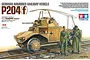 Box art for Tamiya 1/35 German Armored Railway Vehicle P204(f) model kit, featuring an illustration of the vehicle on tracks with two soldiers.