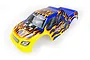 A blue and yellow pre-painted RC monster truck body shell with flame graphics and Savagery branding on a white background.