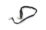A black nylon cable strap featuring two silver spring-loaded hooks and an adjustable buckle, isolated on a white background.